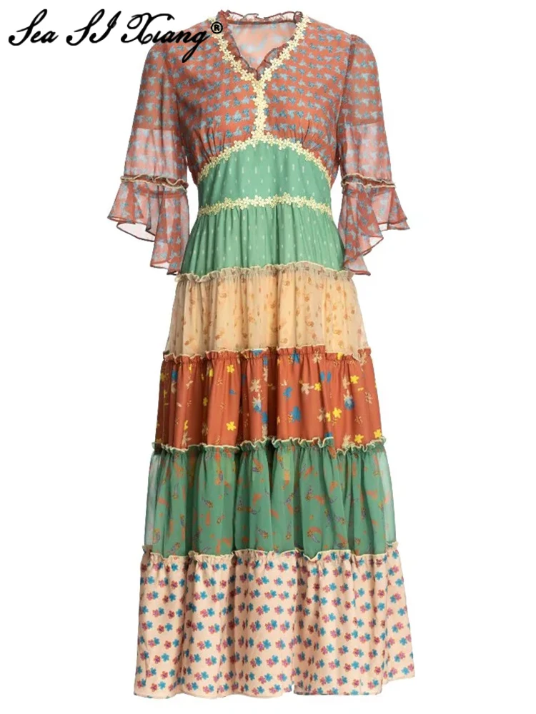 

Seasixiang Fashion Designer Summer Chiffon Dress Women V-Neck Appliques Flare Sleeve Vintage Flowers Print Dresses