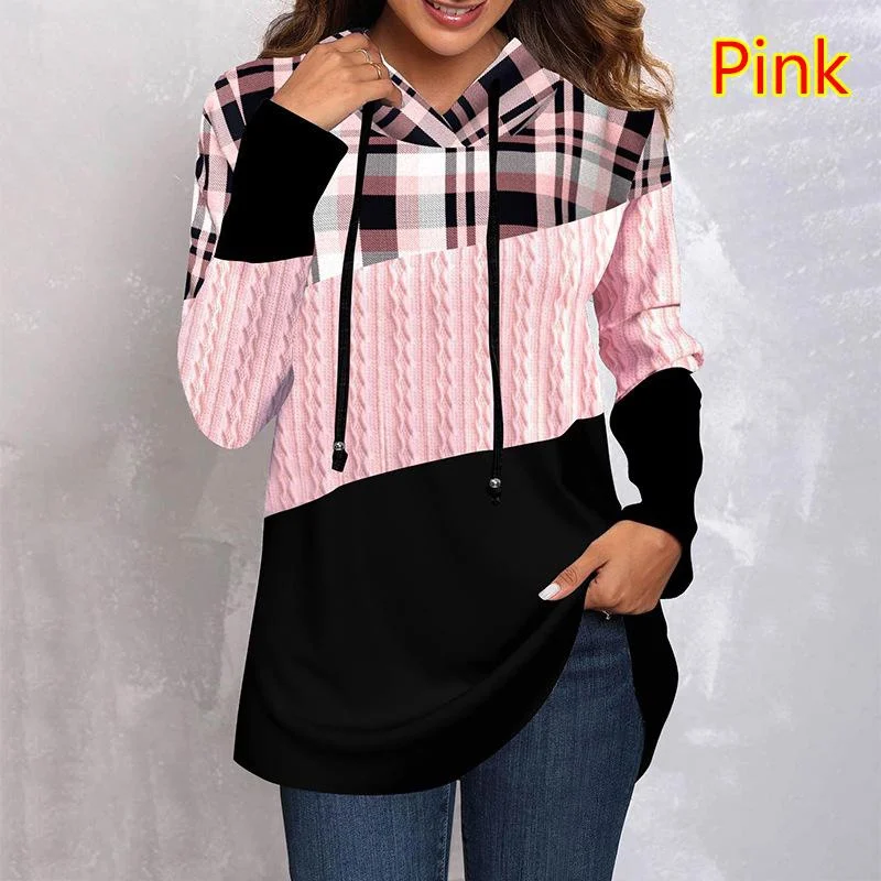 

OTEN Women's plaid printed patchwork long sleeve loose top autumn drawstring pullover street drawstring hoodie sweater