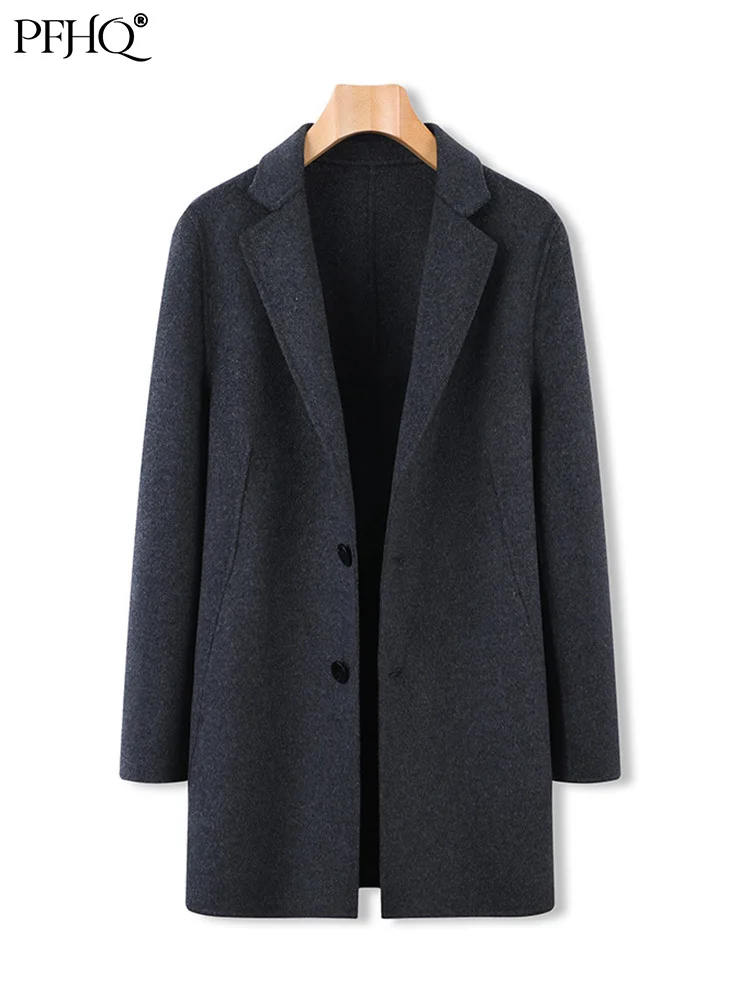 

PFHQ 2023 Autumn New Men's Medium Long Suit Collar Woolen Coat Fashion Gentleman Clothes Casual Luxury Elegant Overcoat 21Q4371