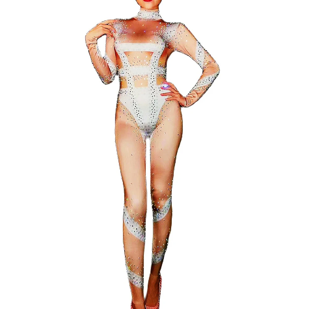 

Nude Shining Rhinestones High Neck Long Sleeves Sexy Jumpsuits For Women Nightclub DJ Wear Prom Pole Dance Cloth Stage Costume