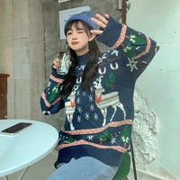 2021 new fashion deer snowflake pattern pullover long sleeve red knitted sweater ladies christmas sweater