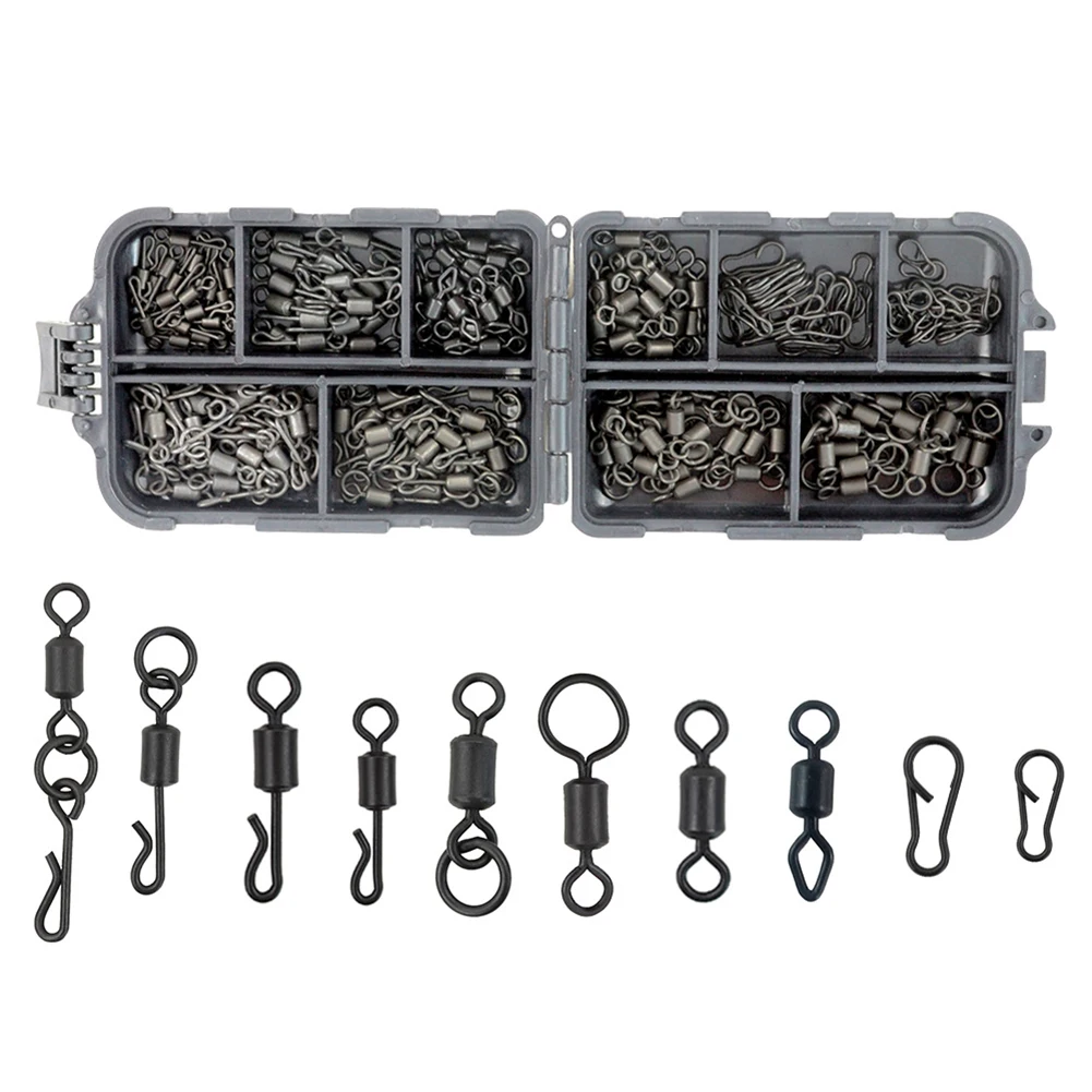 

200Pcs/Box Black Rolling Quick Change Swivels Carp Rigs Long Body 8 Types Swing Snap Connector Carp Fishing Accessories