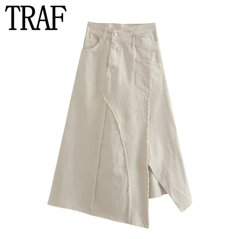 

TRAF Denim Long Skirt Women Asymmetrical High Waist Midi Skirt Y2k Streetwear Jeans Skirt For Women Fashion 2023 Summer Skirts