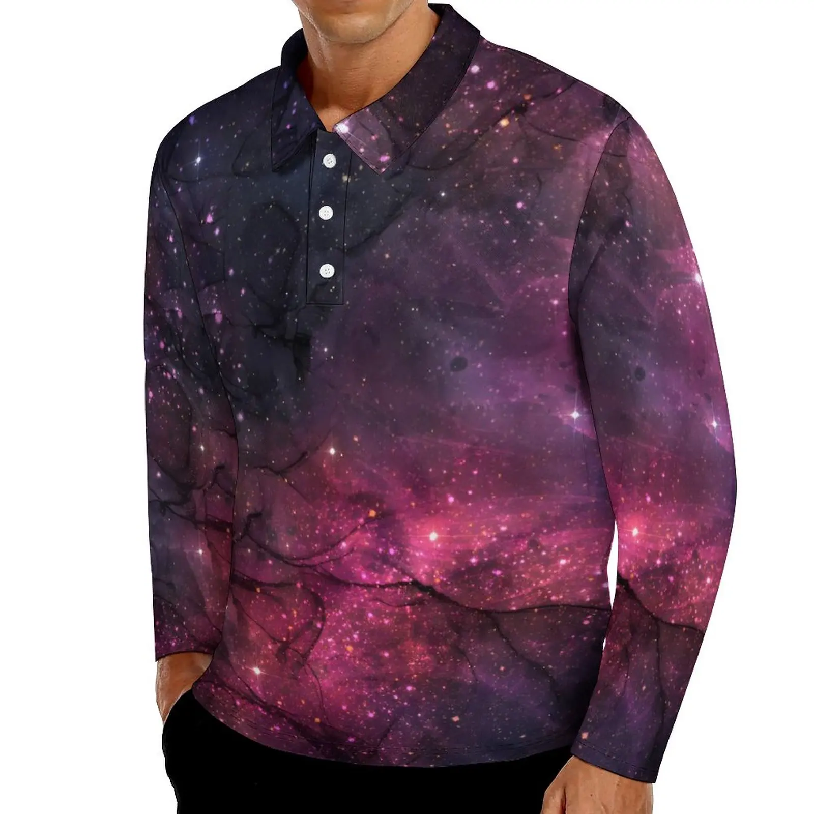 

Outer Space Galaxy Casual T-Shirts Starry Stars Polo Shirts Male Y2K Shirt Autumn Long Sleeve Design Clothes Large Size