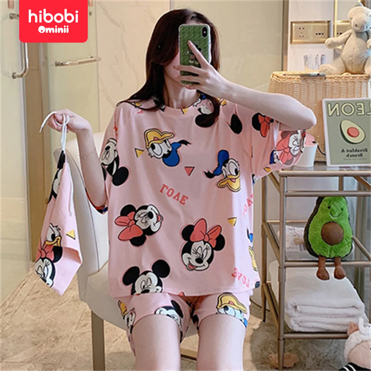 Женский летний пижамный комплект Hibobi из 2 предметов с милым мультяшным узором