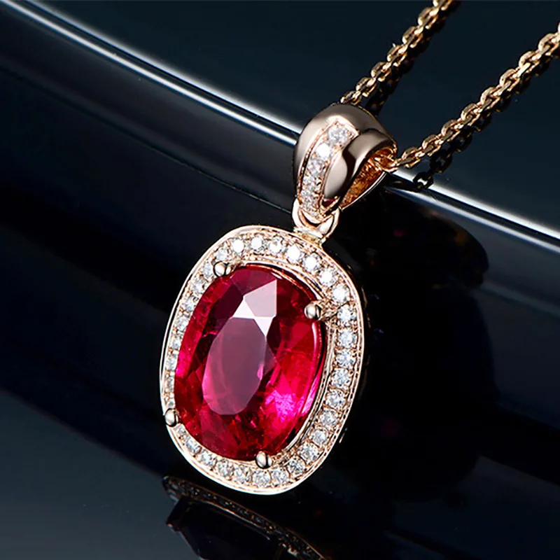 

Copper inlaid zircon pendant fashion pigeon blood red simulation oval red tourmaline colored gemstone pendant necklace jewelry
