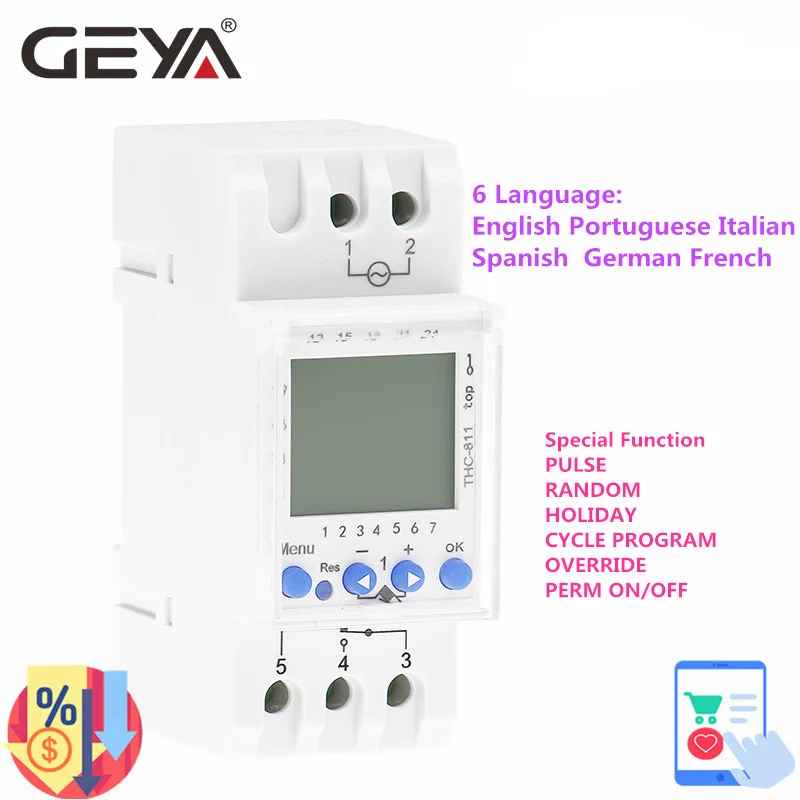 

GEYA THC-811 Din Rail 24Hours Digital Timer Switch with Lithium Battery 6 Language Weekly Timers Holiday Setting 16A 220V