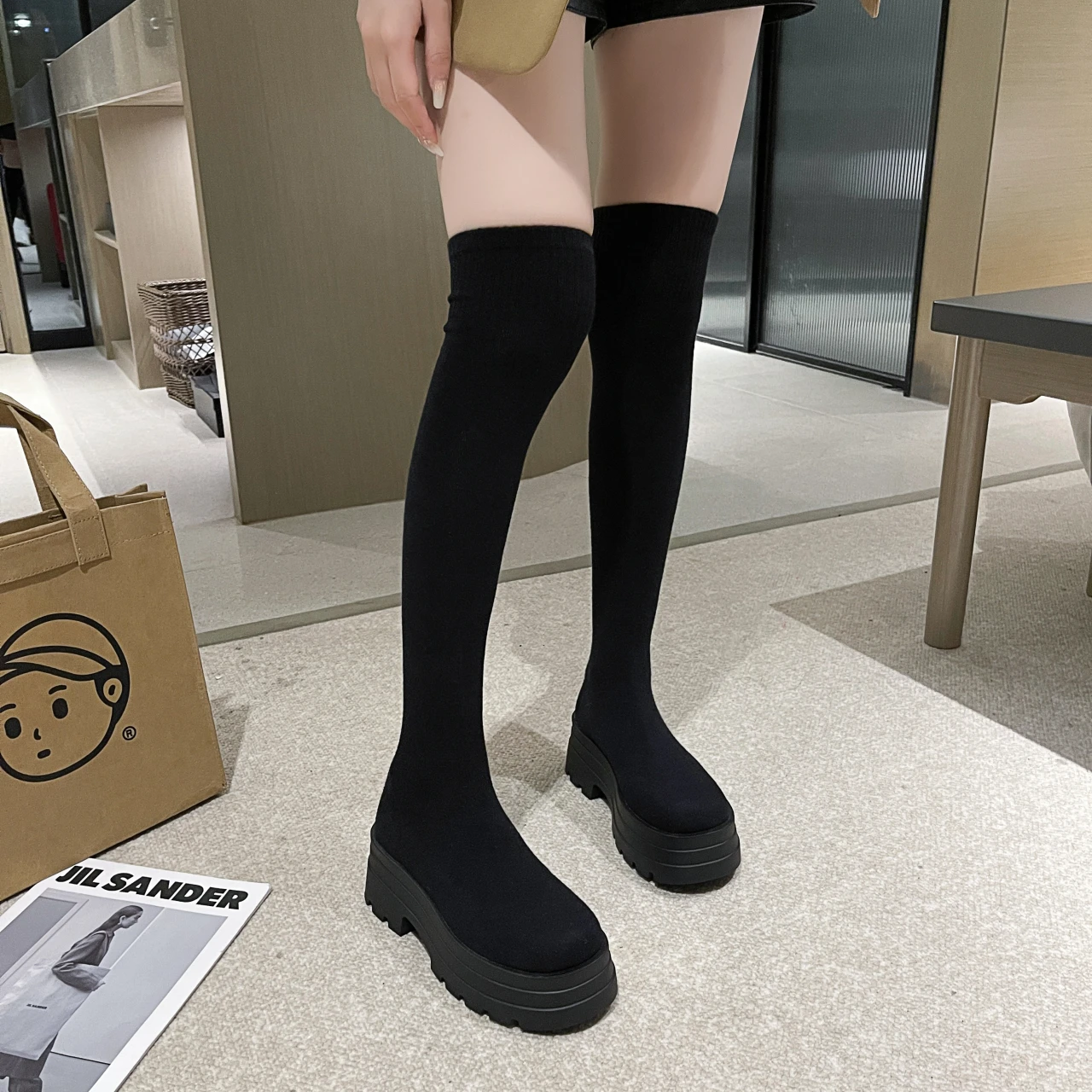 

Appear thin Sexy female 2023 Winter New Simplicity knitting Elasticity Integrated Thick base Long boots Knee boots Sock boots