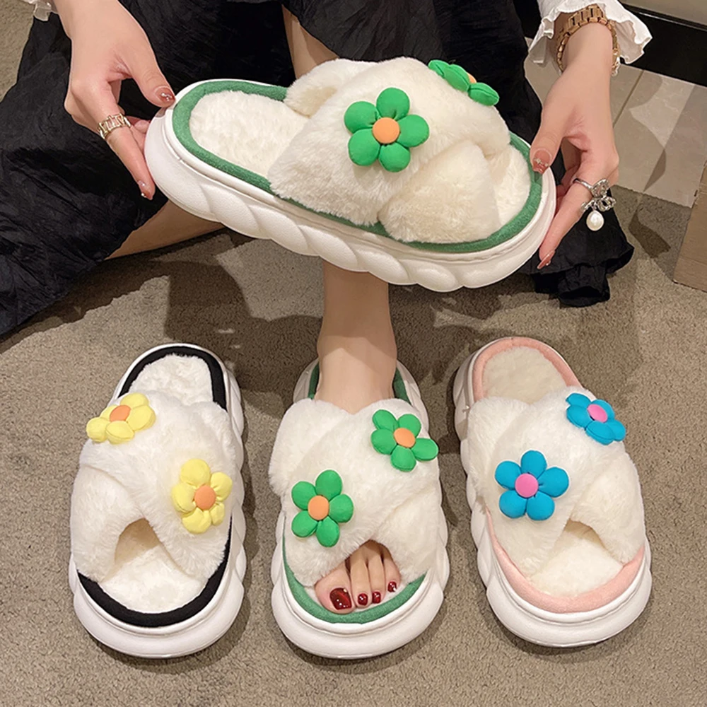 

Winter Warm Slippers Women Platform Non-slip Plush Cotton Shoes Memory Foam Cute Flowers Home Bedroom Ladies Fur Slippers qt720