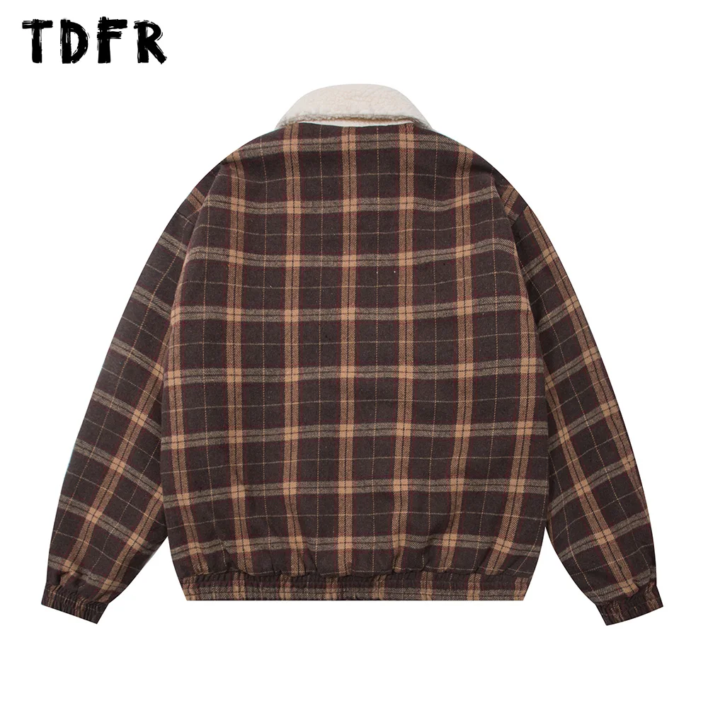 Retro Plaid Padded Jacket Mens Letter Embroidery Winter Thick Streetwear Spliced Lapel Pocket Long Sleeve Quilted Men