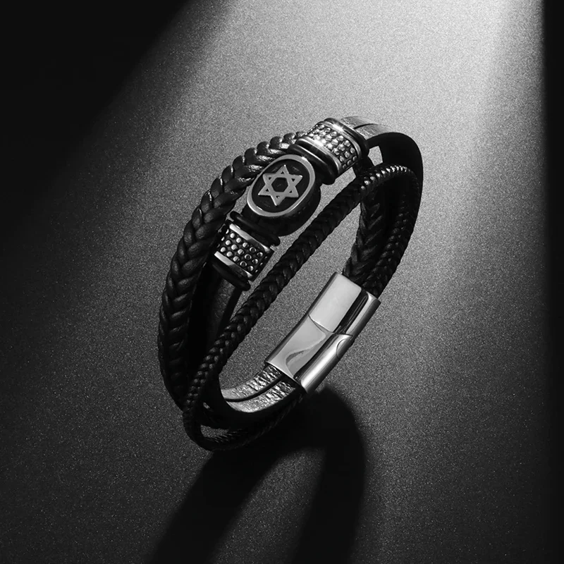 Классический многослойный кожаный браслет для мужчин David Star с магнитной