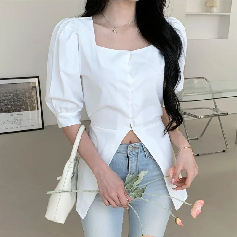 Летняя рубашка Dongdaemunsquare с квадратным воротником и длинными рукавами женская на