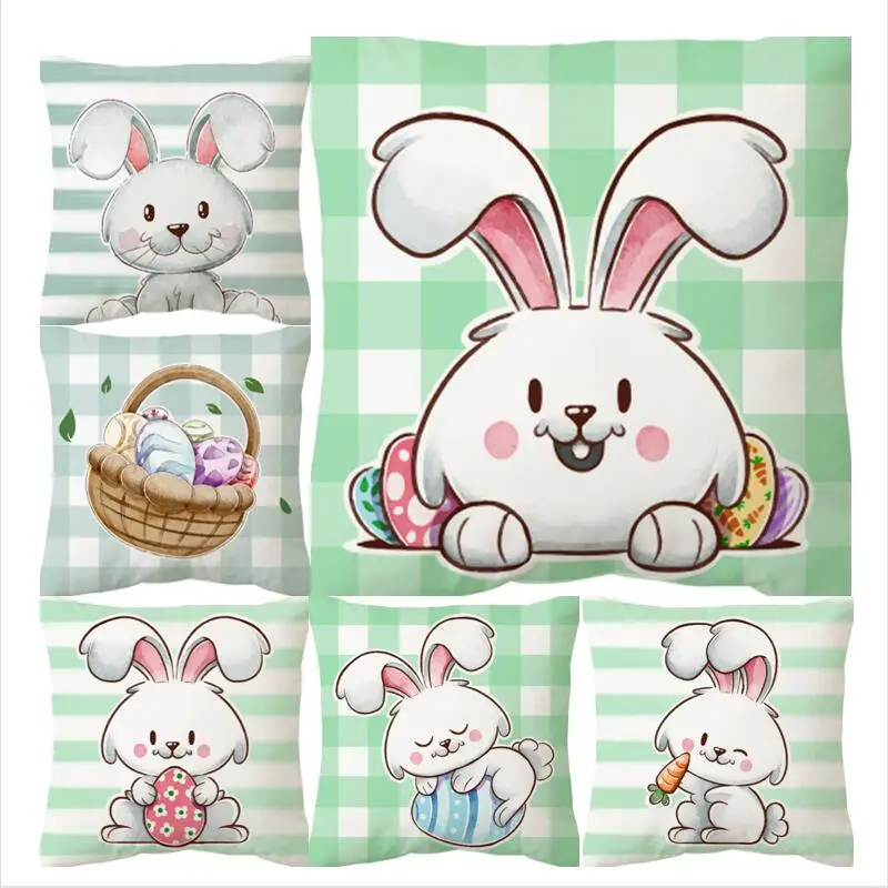 

Plaid Stripes Animal Cartoon Pillow Case 45x45 Spring Bunny Eggs Easter Cushion Cover Rabbit Decoration Living Room Office E1508