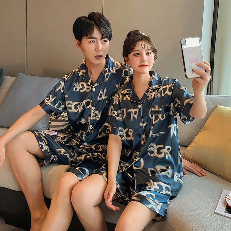 Couple pajama women's summer ice silk short sleeve shorts imitation silk two-piece men's suit homewear