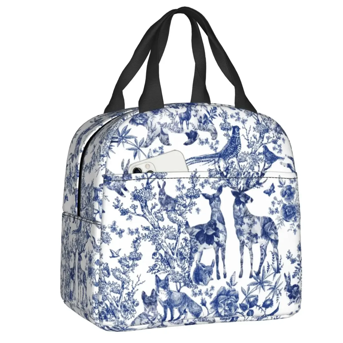 

French Toile De Jouy Lunch Box Multifunction Floral Animal Forest Indigo Pattern Thermal Cooler Food Insulated Lunch Bag Kids