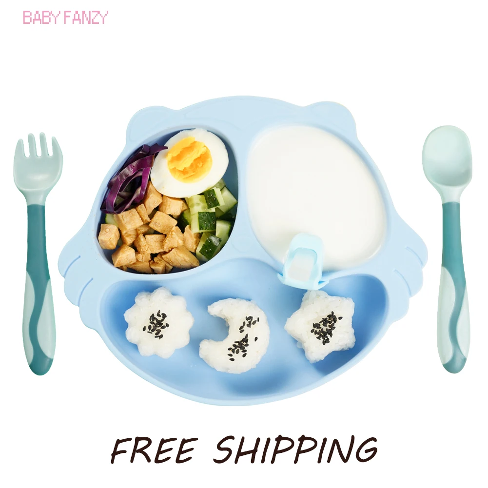 

Baby Plates Spoons Forks Bib Bowls Tableware Set Soft Silicone Non-slip Cute Feeding Kit for Kids BPA Free Easy To Clean Dishes