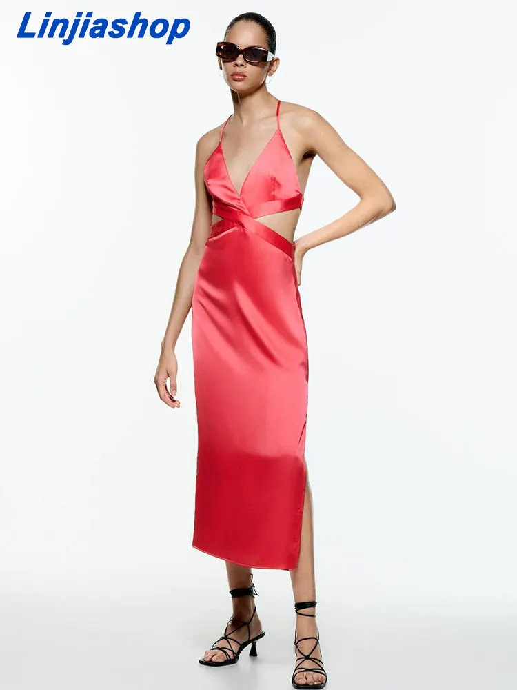 

Женское атласное платье на бретельках, Красное Длинное облегающее однотонное платье без рукавов с разрезом сбоку, модель 22604 на лето