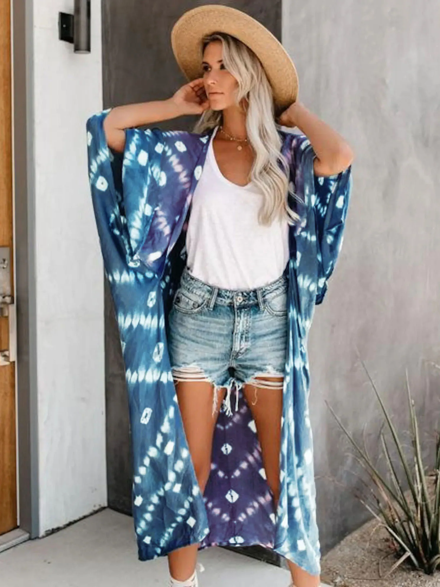 

Blue Printed Loose Bathing Suit Women 2022 Bohemian Short Sleeve Cardigans Holiday Cotton Fit Swimsuit Cover Up Pareo Beach