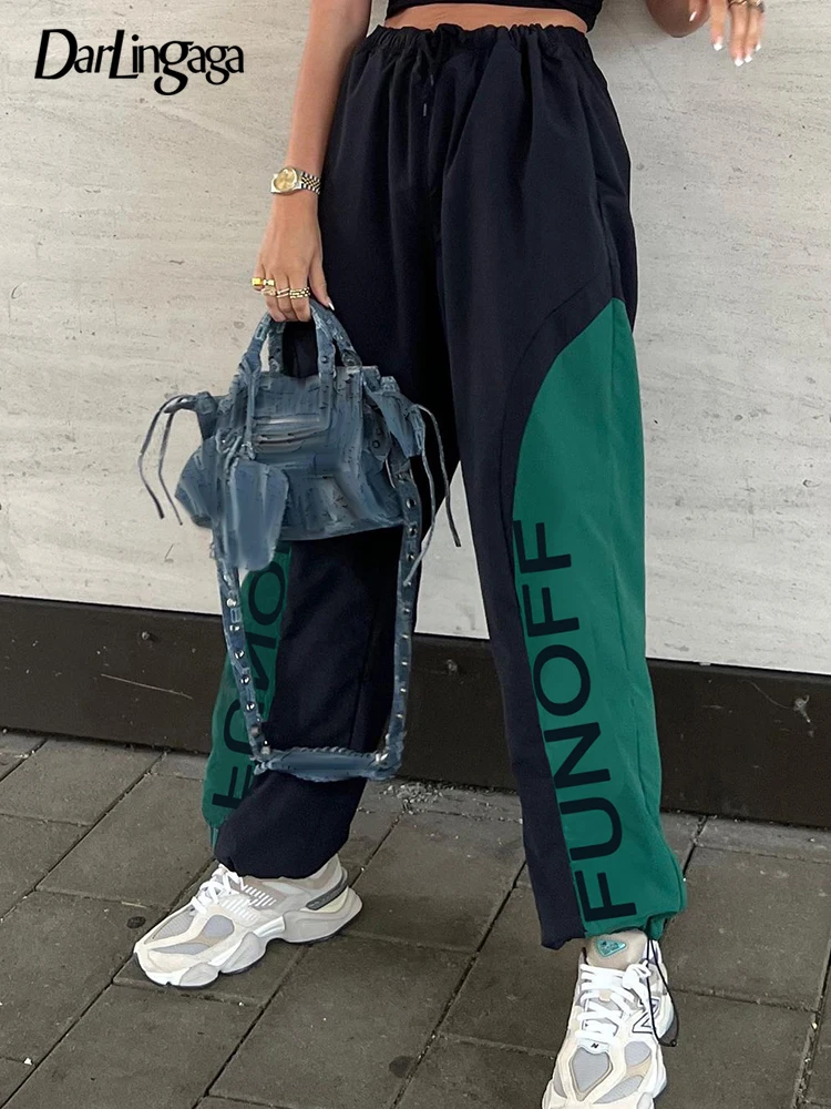 

Darlingaga Casual Loose Patchwork Letter Drawstring Sweatpants Loose Women's Pants Sporty Chic Joggers Contrast Trousers Preppy