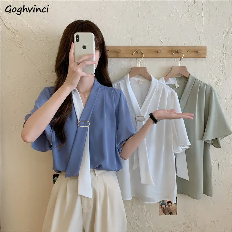 

Blouse Women Elegant Korean Fashion New Design Office Lady Gentle All-match Casual Mujer Female Patchwork Chic Ins Cozy Summer