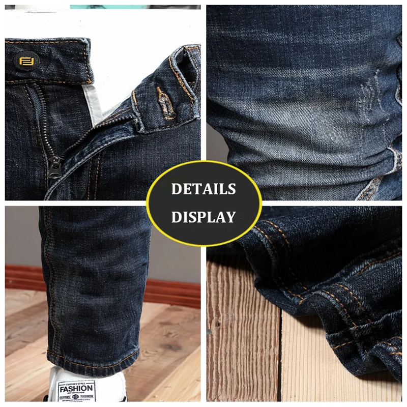 Fashion Streetwear Men Jeans Retro Black Blue Elastic Slim Ripped Jeans Men Spliced Designer Hip Hop Denim Biker Pants Hombre