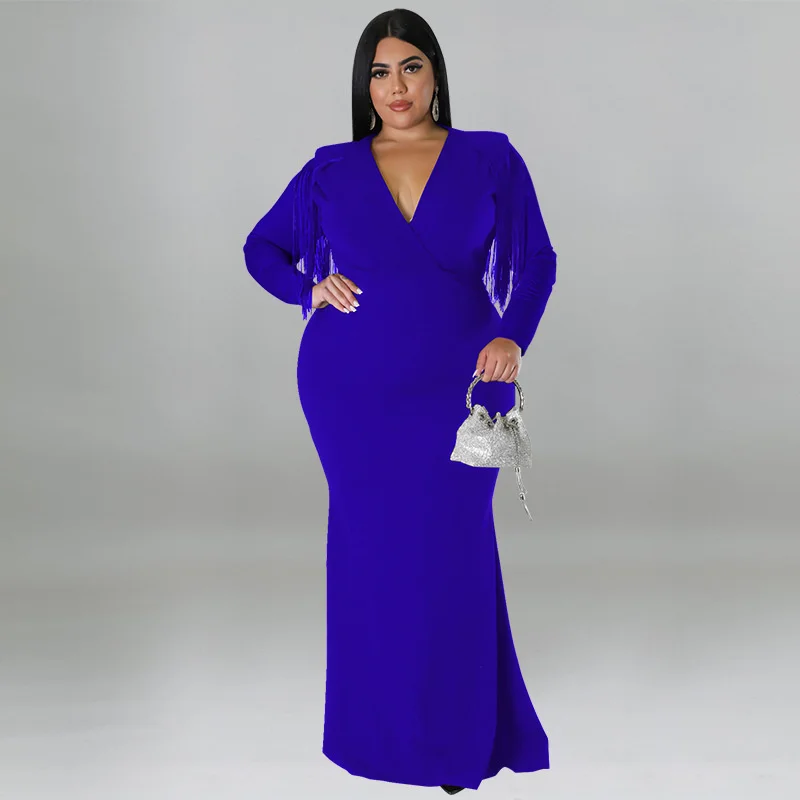 Plus Size Women's Dresses Sexy Long Sleeve Fringe Solid Color Deep V-neck Evening Dress Fashion Casual Elegant Party Dresses