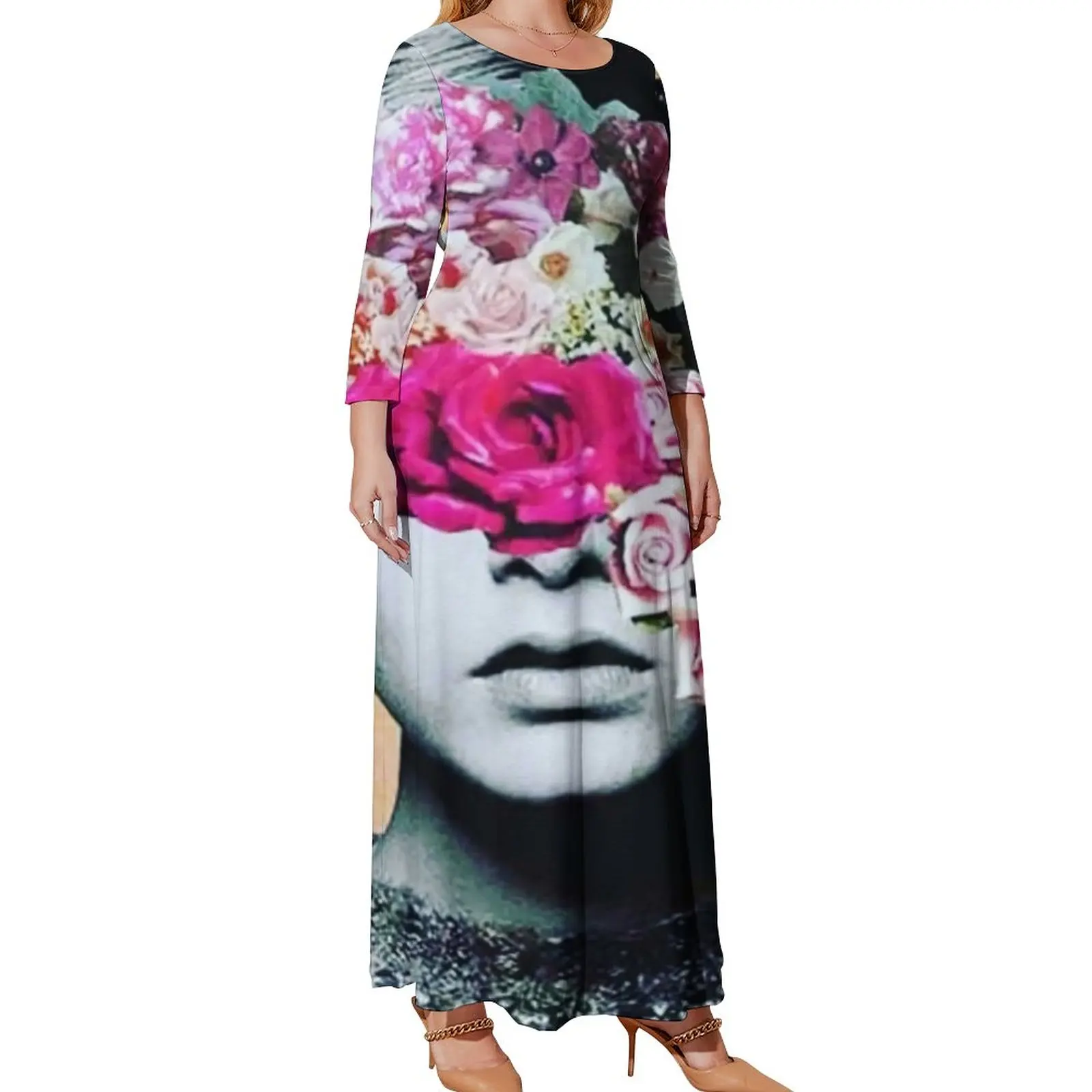 Women Head With Flowers Dress Women The Hidden Lady Elegant Maxi Dress Aesthetic Boho Beach Long Dresses Print Vestido Plus Size