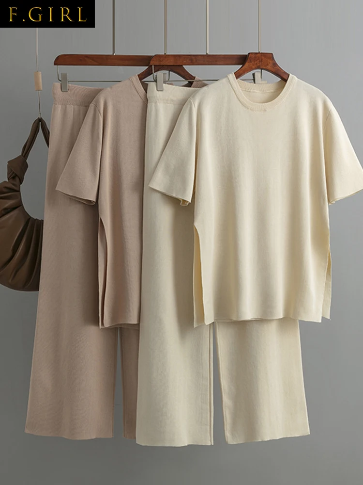 

F GIRLS Casual Knitted Pants 2 Piece Sets Women Outfit 2023 Summer Streetwear Loose Split Sweater+Lace-Up Trousers Short Sleeve
