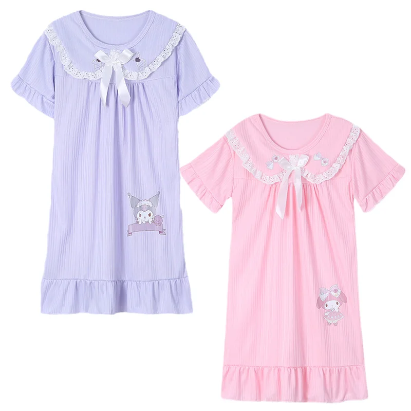 

Sanrioed Anime Cartoon Children Bow Tie Nightgown Cute My Melody Cinnamoroll Kuromi Printed Short Sleeve Pajamas Dress Girl Gift