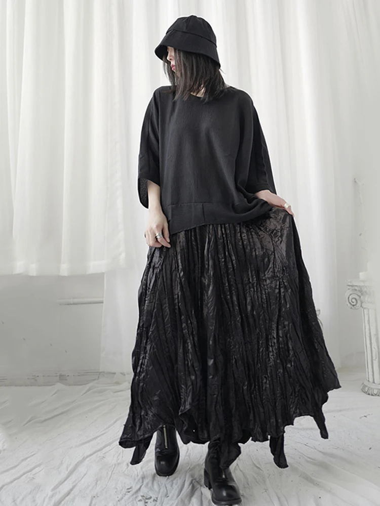 [EAM] черная плиссированная Асимметричная длинная юбка с высокой эластичной