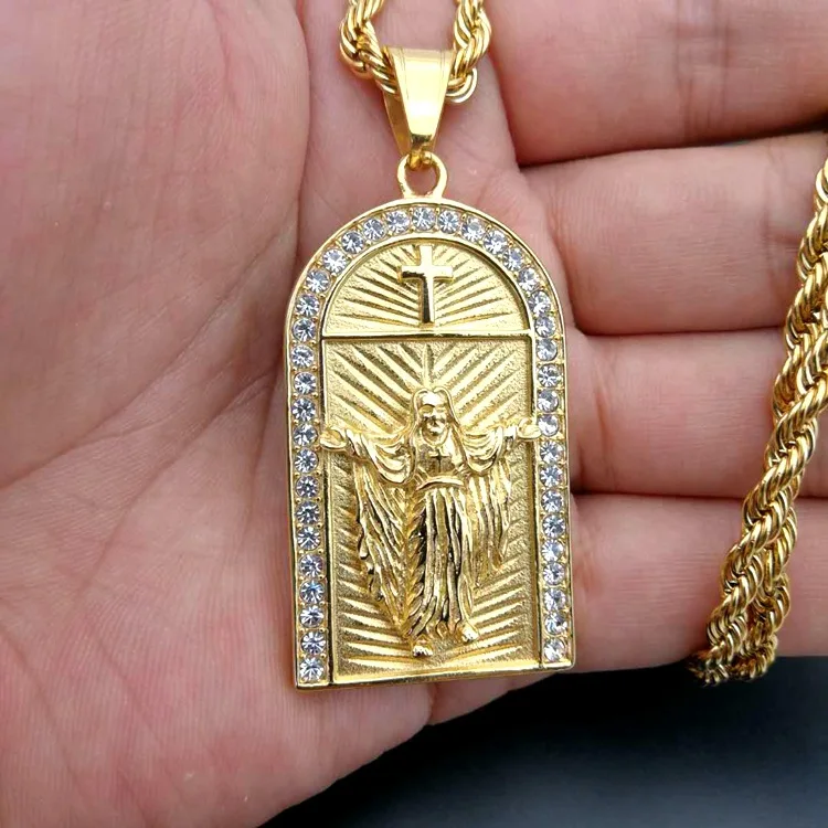 

Religion New Fashion Titanium Steel Necklace Gold-Plated Rhinestones Jesus Cross Pendant Necklace Catholic Jewelry