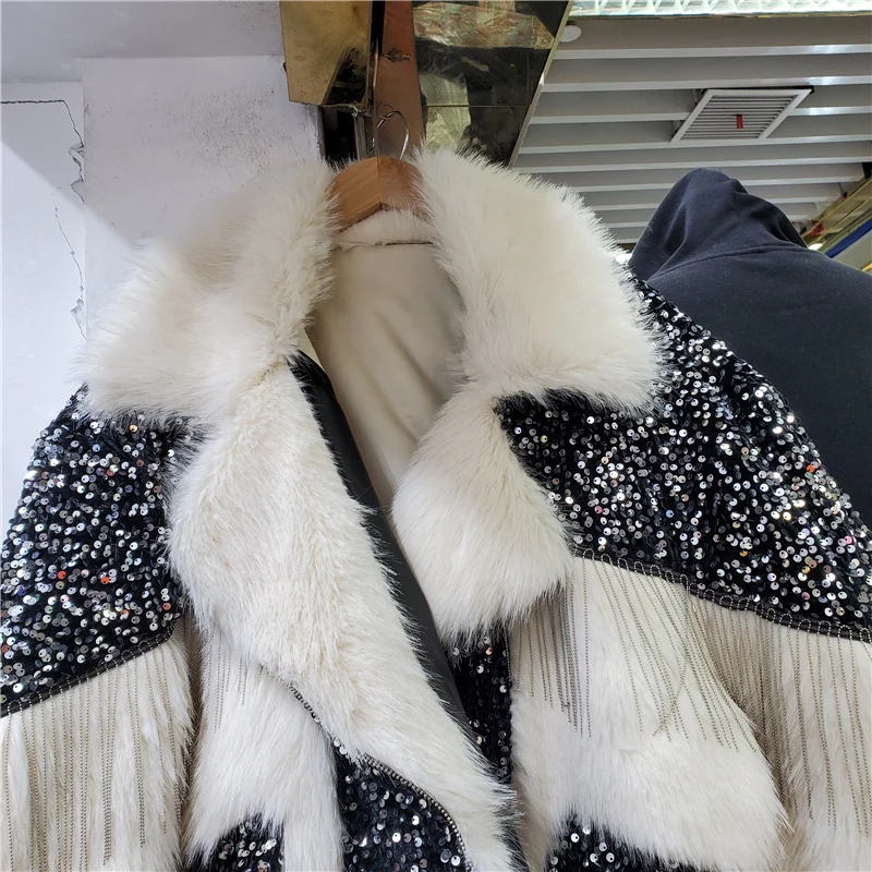 Embroidery Sequins Tassel Chain Faux Fur Coat Women Fur Collar Long-Sleeved Thickened Leather Stitching Fur Jacket Winter 2021