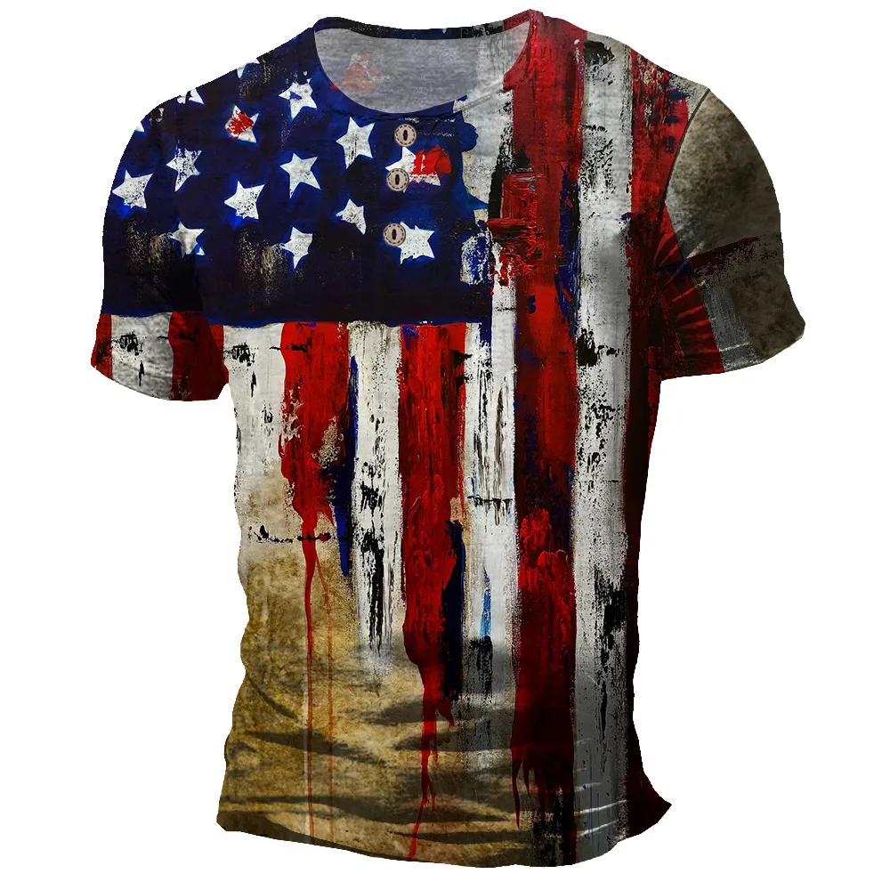

New 2023 Men's Independence Day Digital Print 3 Button Henry Collar Daily Men's T-shirt
