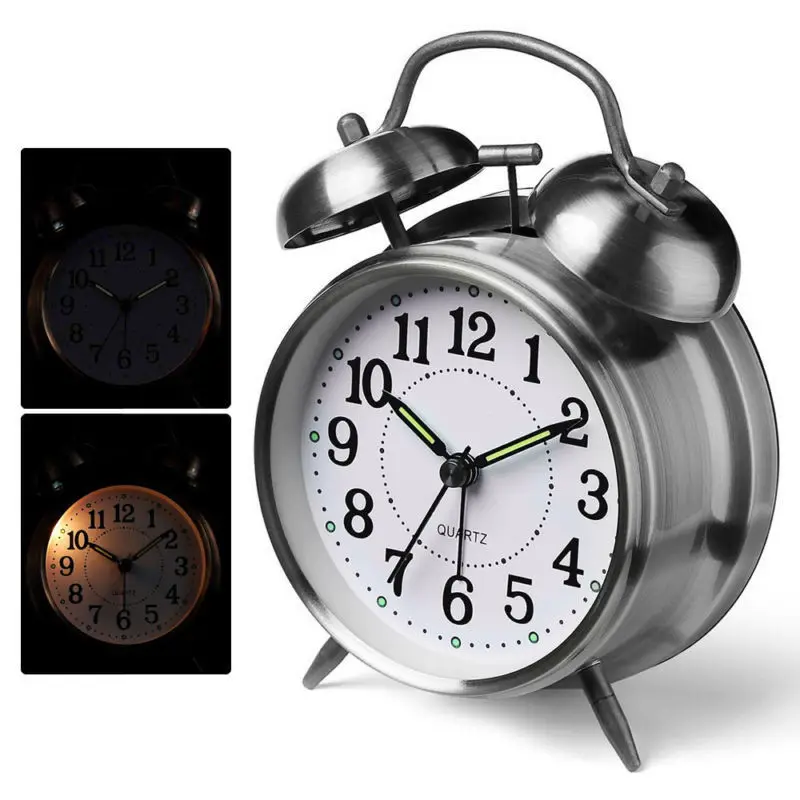 

4" Alarm Clock Vintage Retro Silent Pointer Clocks Round Number Dual Bell Loud Alarm Clock Bedside Night Light Home Decors