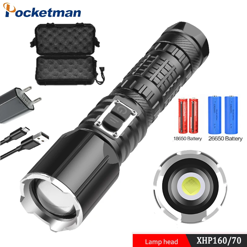 

Xhp70/160 Led Flashlight 5-mode Telescopic Zoom Lanterna Ultra Powerful Type-C Rechargeable Usb by 18650 or 26650 Battery Torch