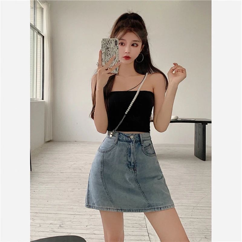 Женская джинсовая юбка с цепочкой голубая Повседневная винтажная модная