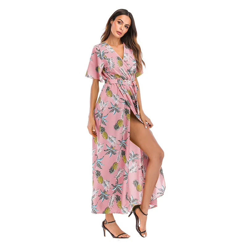 

2022 Casual Short Sleeve Maxi Dress for Women Short Sleeve V-Neck Beach Split Floral Print Dress Holiday Long Party Dress