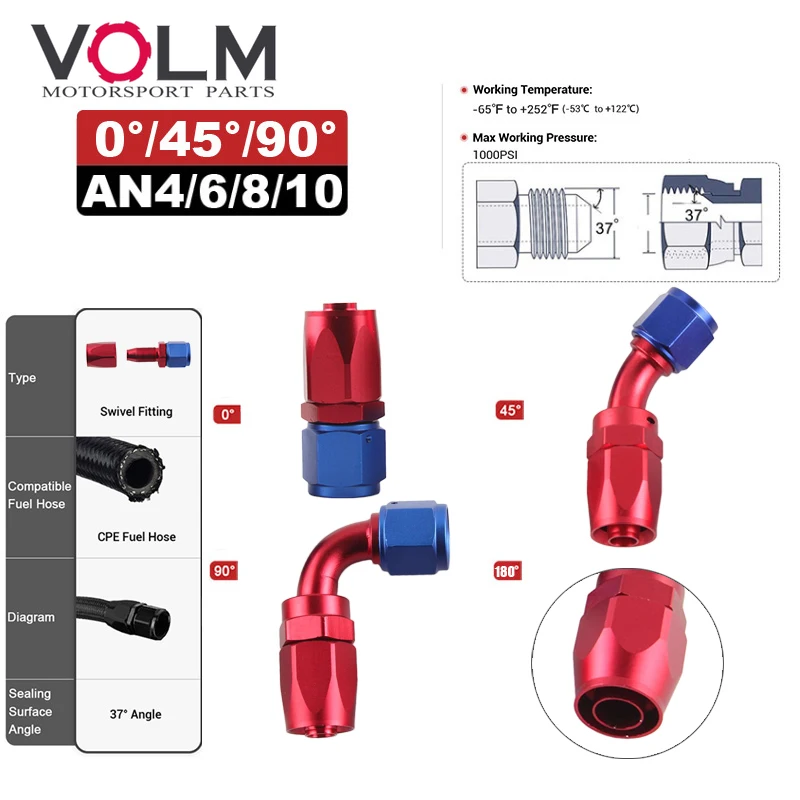 

AN6 8 10 Oil Fuel Swivel Hose Anoized Aluminum Straight Elbow 45 90 Degree Hose End Oil Fuel Reusable Fitting