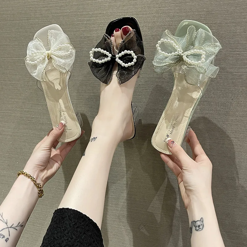 

High-Heeled Shoes Lady Womens Slippers Outdoor String Bead Pantofle Luxury Slides Butterfly-Knot 2022 Designer Summer PU Pumps B