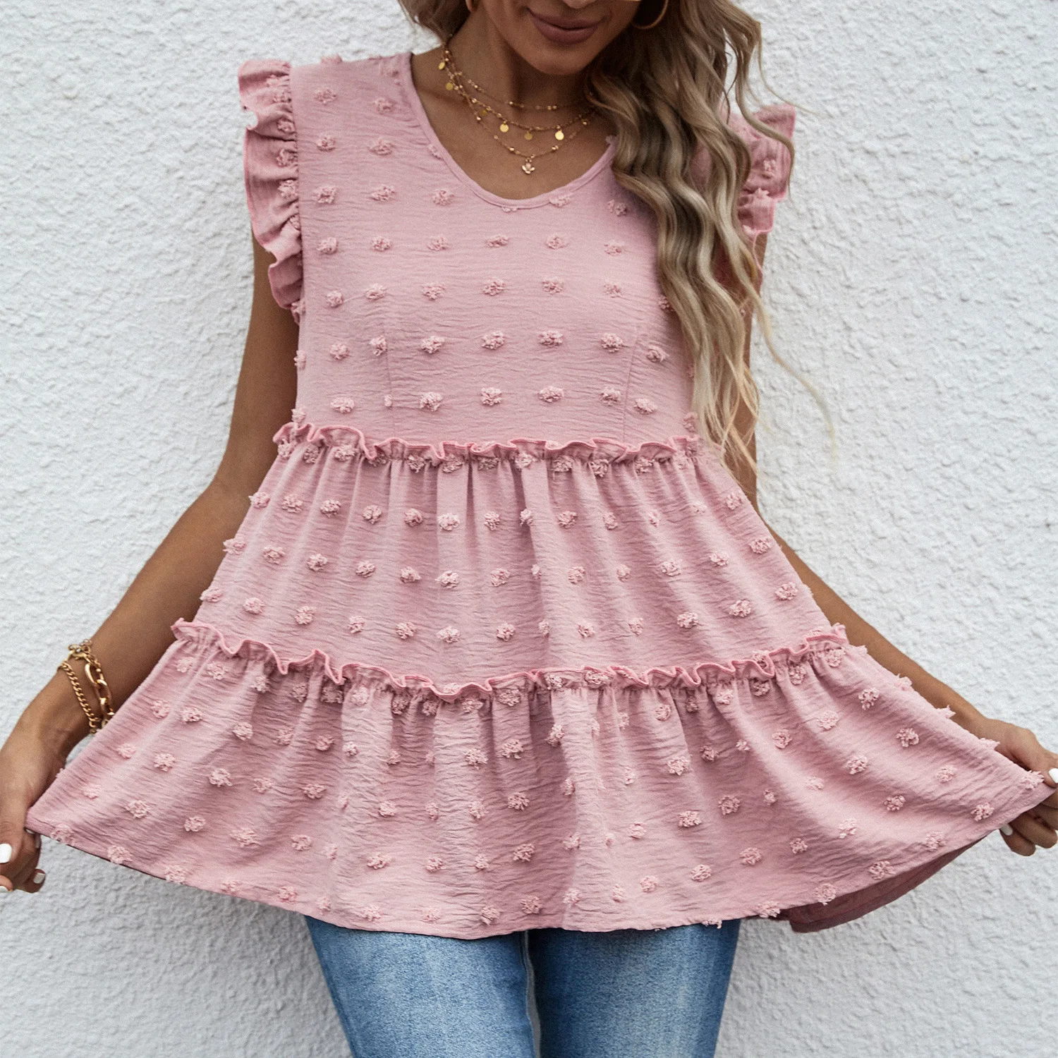 

2022 Summer New Style Polka Dot Auricular-edged Shirt Short Sleeve Pleated Hem Casual Blouse
