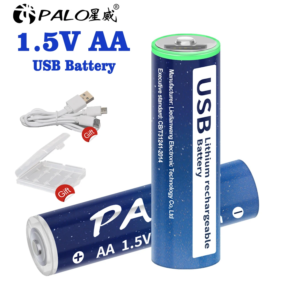 PALO 2800mWh 1.5V Li-ion AA Перезаряжаемая батарея Li-Polymer USB литий с кабелем для проигрывателя мыши.