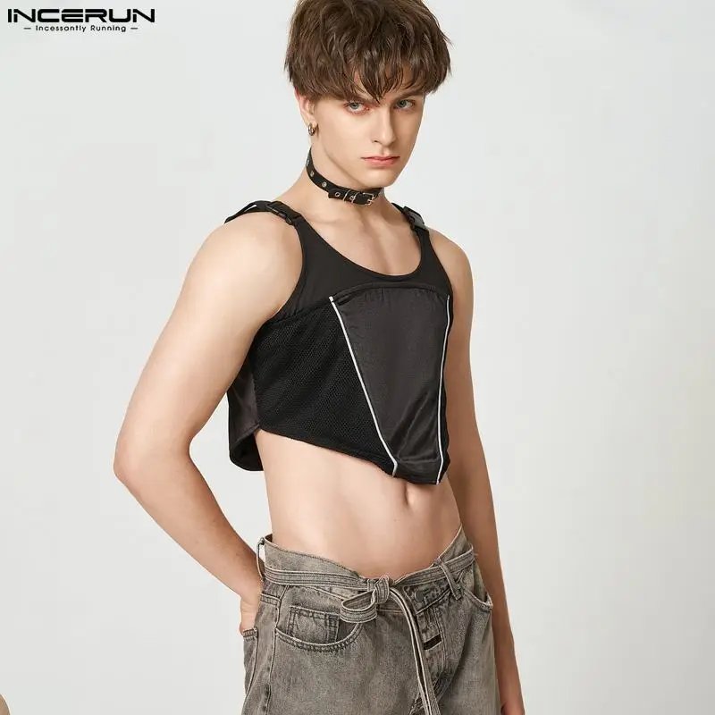 

INCERUN Tops 2023 American Style New Men Fashion Irregular Hem Waistcoat Stylish Hot Sale Breathable Mesh Stitching Vests S-5XL