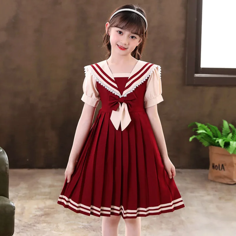 

Teenager Girls Bow Dress New 2022 Summer Kids Red Pleated Princess Dresses For Baby Clothing Children's Clothing Sailor Collar