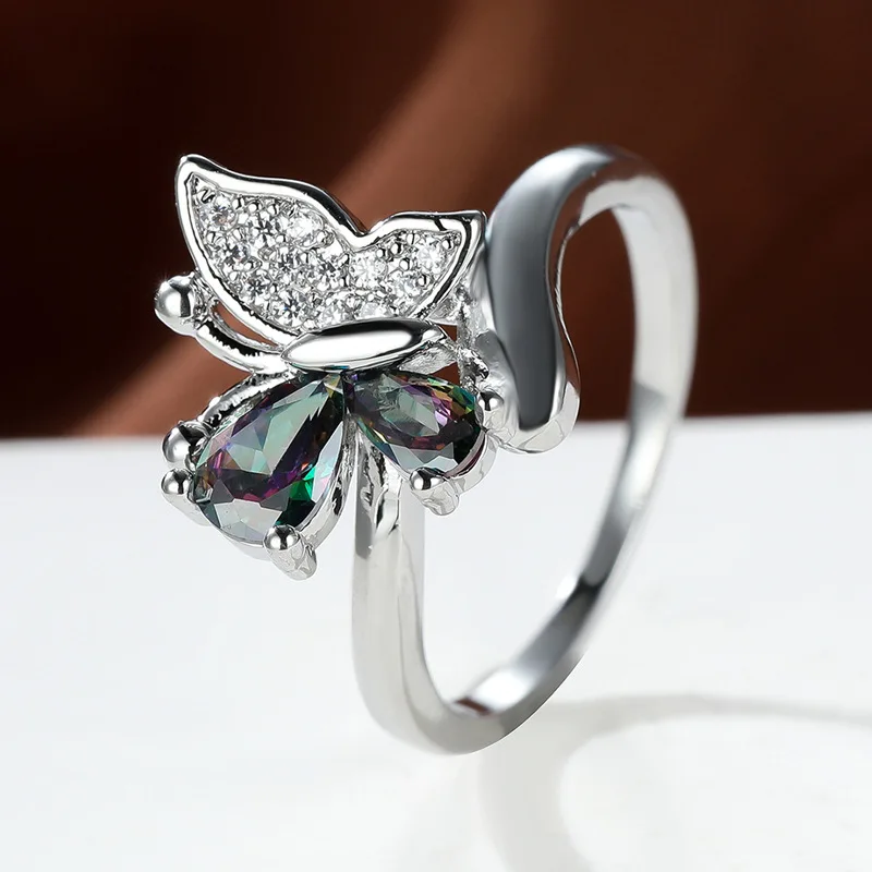 Фото 2025 Butterfly Ring Multi-Colored Cubic Zirconia Women's Wedding Accessory Exquisite Aesthetic Statement Jewelry Gift №1