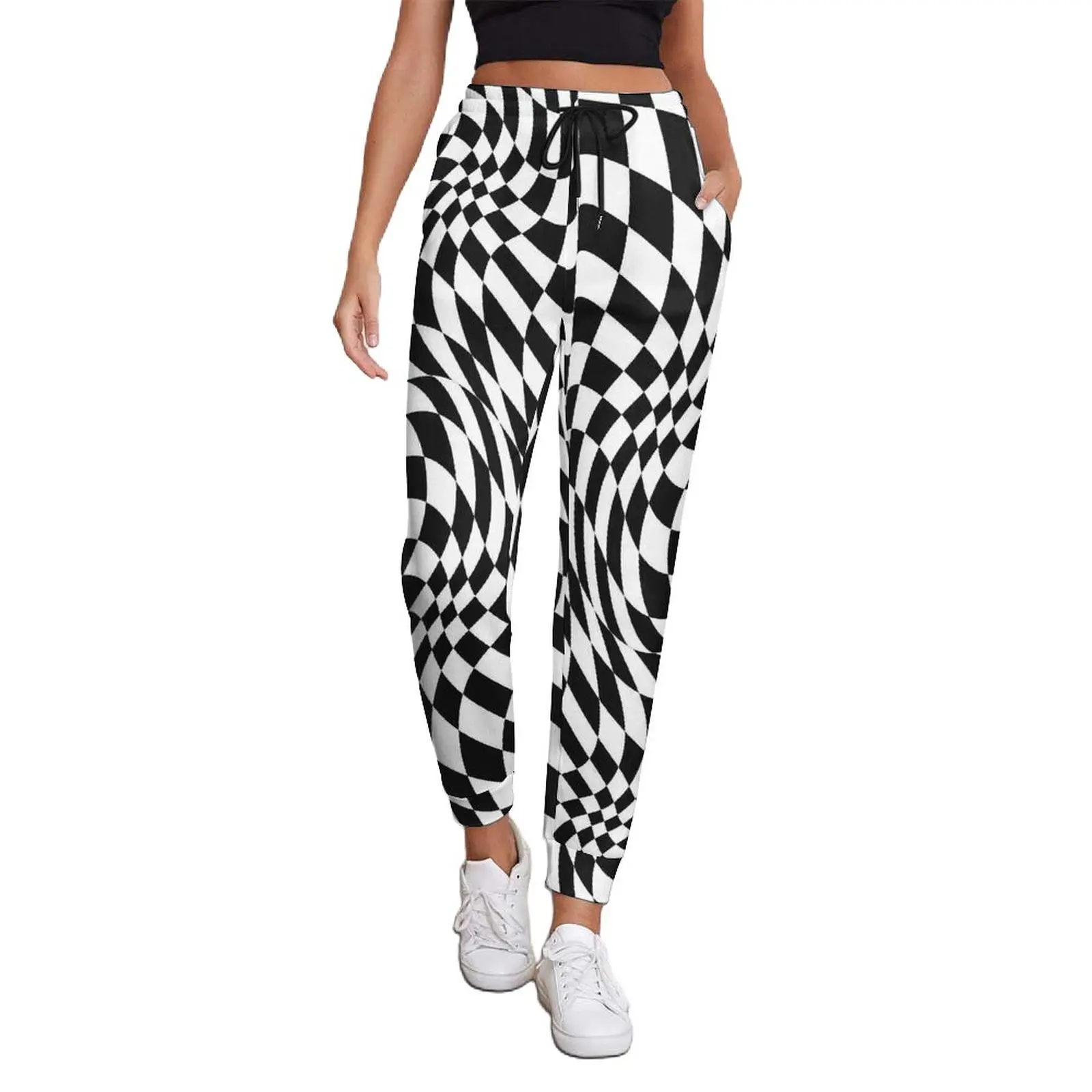 

Брюки для бега женские с абстрактными полосками, повседневные джоггеры с геометрическим принтом, брюки в эстетическом стиле, черно-белые, б...