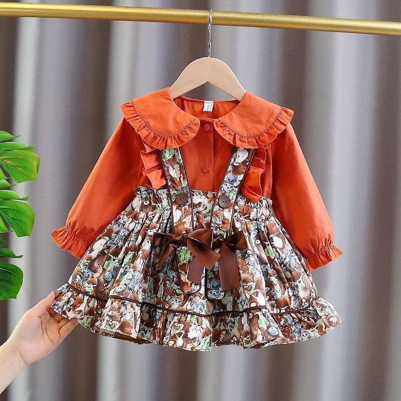 

Spring Autumn Baby Girls Kids Sweet Long Sleeve Shirt + Flowers Dress Sets Children Baby Infants Princess Fairy Party Suit
