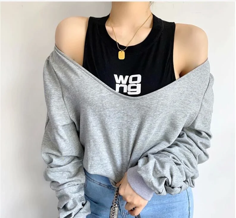 King's Off-the-shoulder Aw Letter Short Long-sleeved T-shirt Women's Early Spring Stitching Fake Two-piece Sweater Top