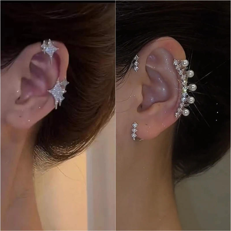 

Trendy Elegant Imitation Pearl Flower Ear Bone Clip Earrings For Women Girls Gold Fake Cartilage Clip Cuff Earrings Jewelry Gift