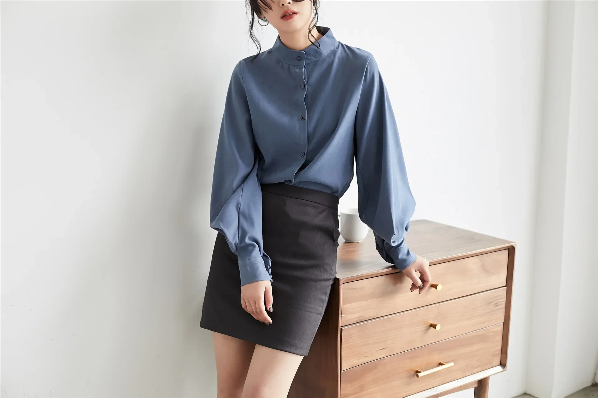 2022 Spring And Autumn Lantern Sleeve Stand Collar White Shirt Women's Korean Style Loose Fit Puff Casual Top |