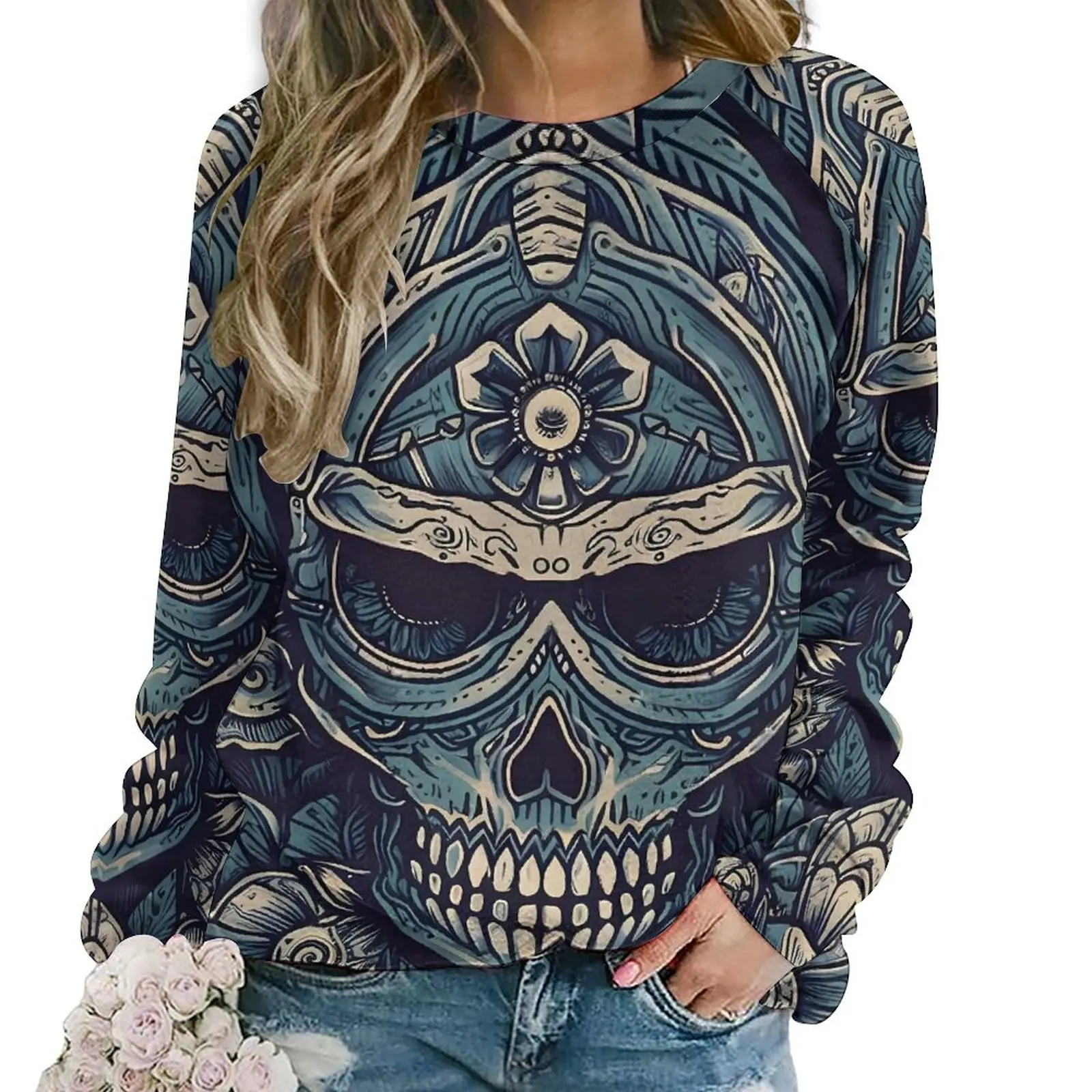 Повседневные толстовки с готическим принтом зимние синие черепом современная